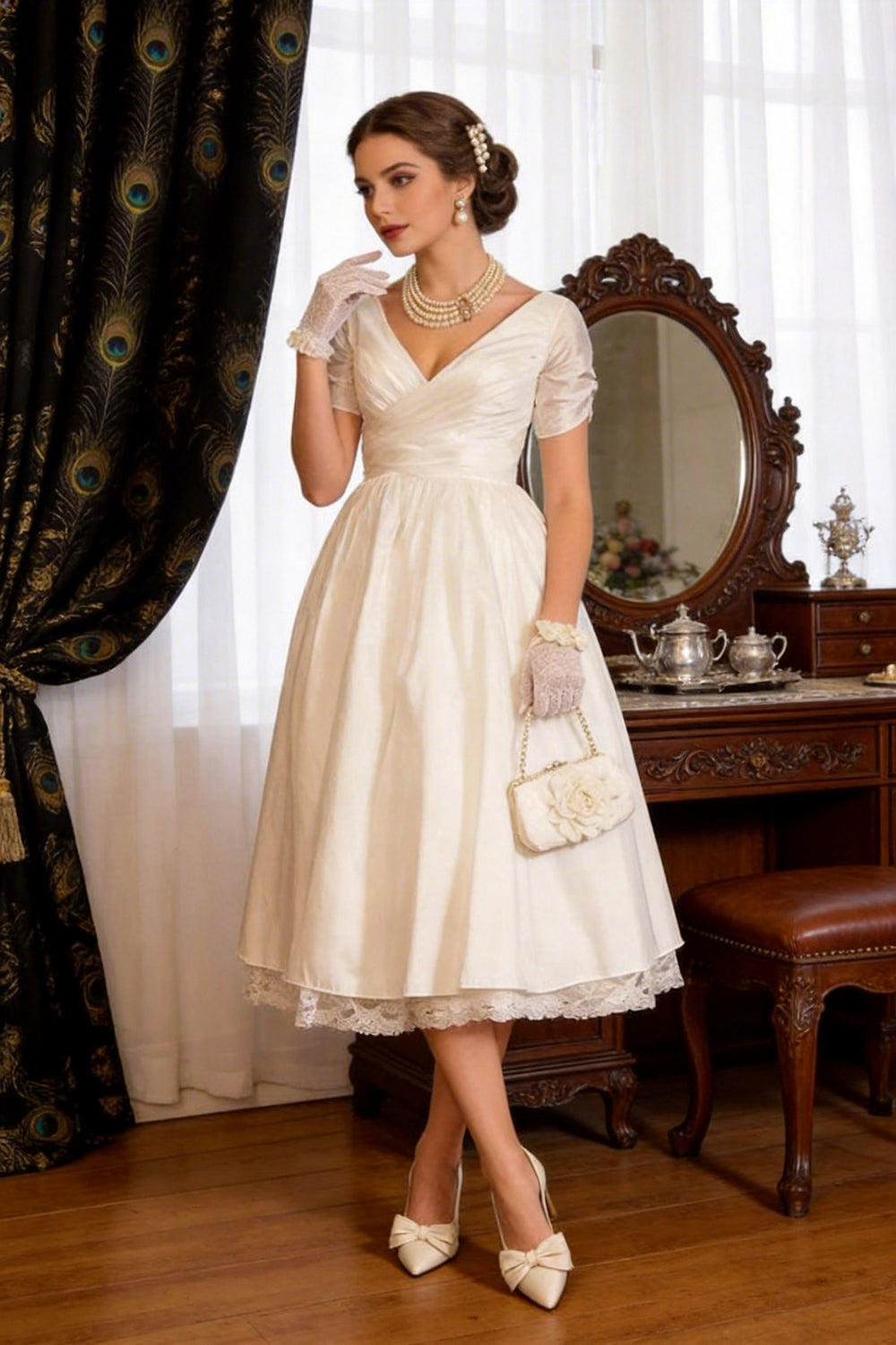 1950s Vintage Short A-Line V Neck Wedding Dresses with Sleeves (ZD15957)