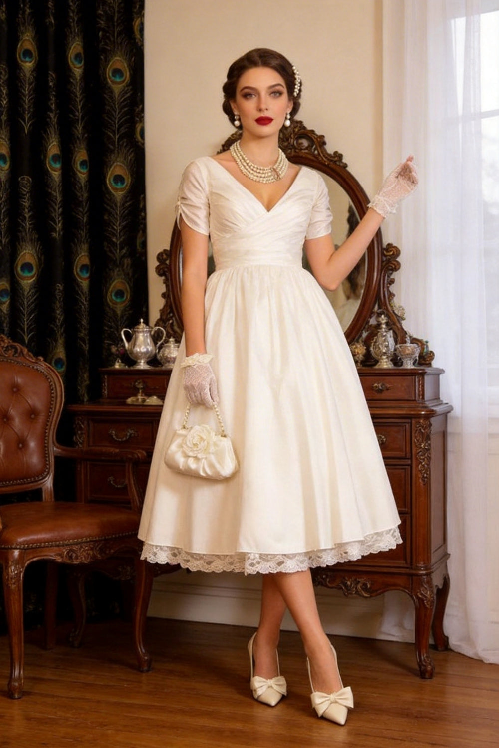 1950s Vintage Short A-Line V Neck Wedding Dresses with Sleeves (ZD15957)