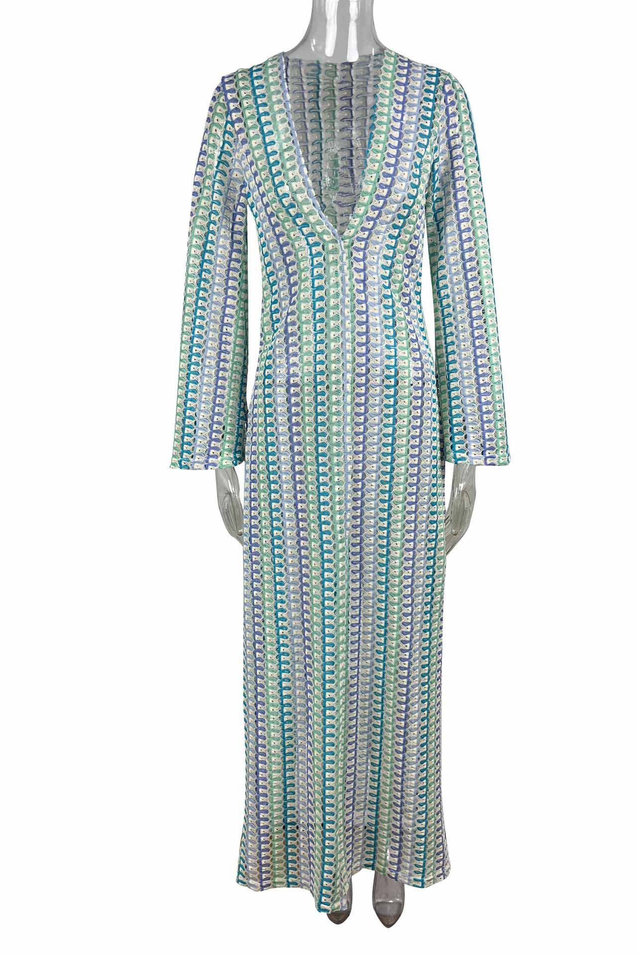 Pilar Chic Boho V Neck Bell Sleeve Maxi Dress, Wavy Striped Crochet Beach Holiday Dress Evening Wear Edit