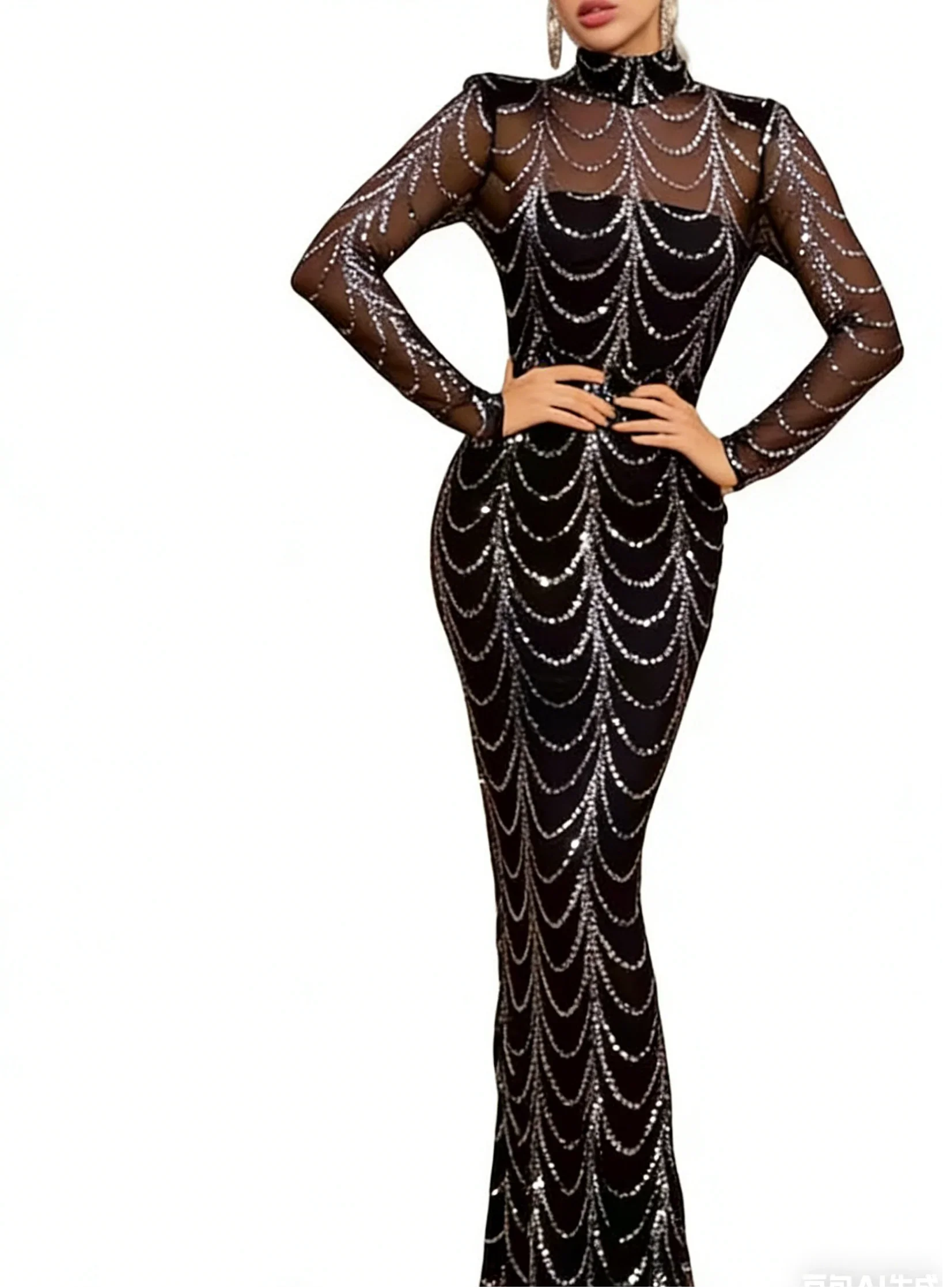 Black Silver Sequin Turtleneck Mesh Long Sleeve Mermaid Dress Evening Gown (ZD16759)