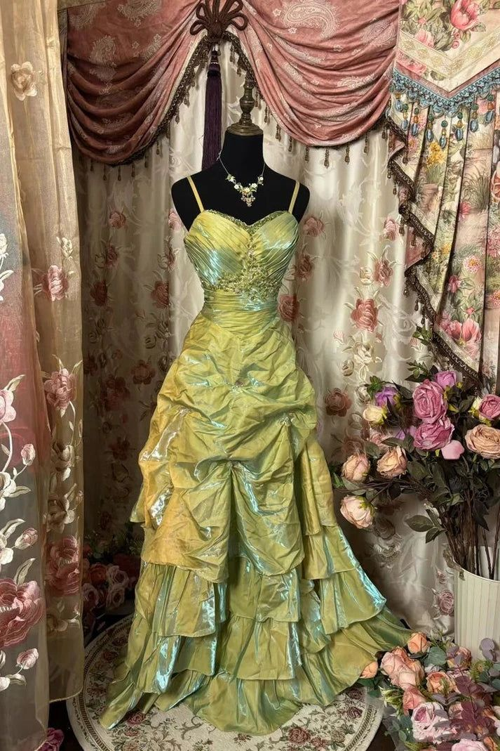 Vintage Sage Green A-Line Spaghetti Strap Satin Long Prom Dress Beaded Evening Dress Y8517 - VelvetHem