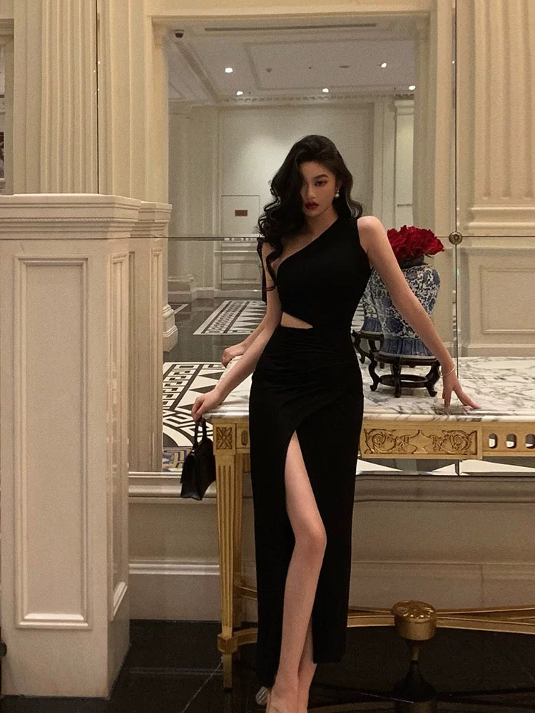 Sexy Sheath One Shoulder Black Slit Long Prom Dresses Evening Dress - VelvetHem
