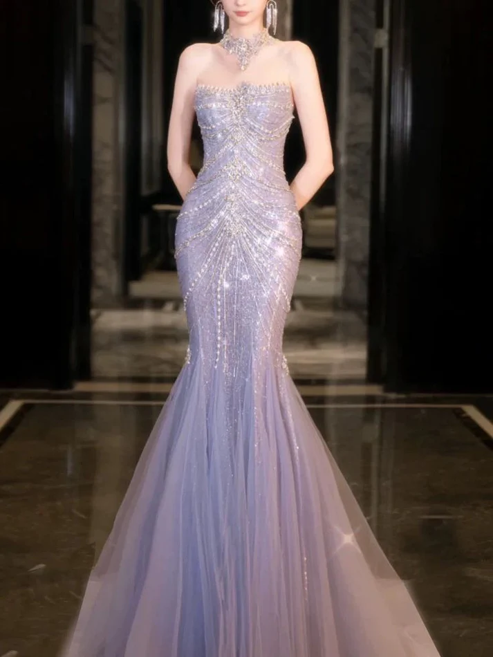Luxury Lilac Mermaid Strapless Tulle Beaded Long Prom Dress,Evening Dress - View 5 | VelvetHem
