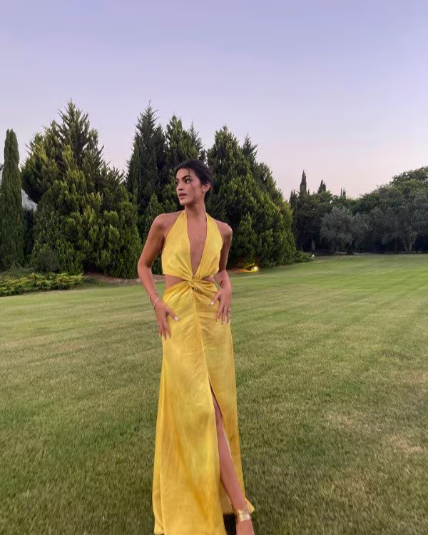 Pretty A line Halter Neckline Long Yellow Prom Dress Evening Dress Formal Dress - View 4 | VelvetHem