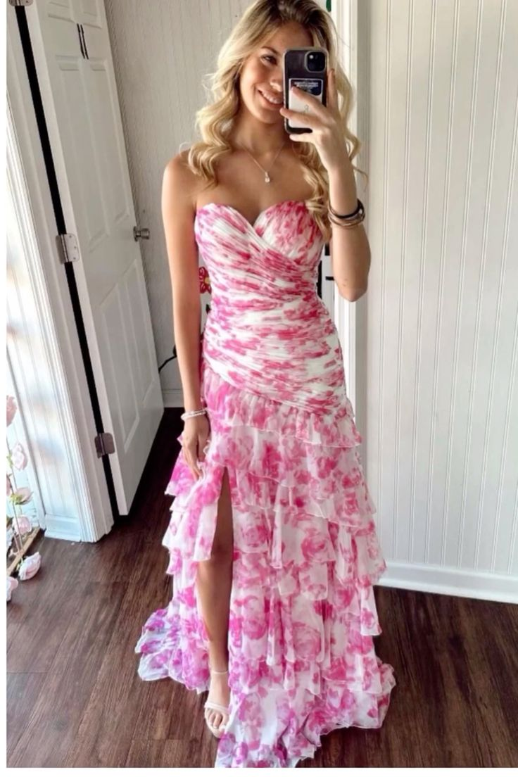 Pretty Strapless Chiffon Print Floral Layered Evening Dress Slit Prom Dress Y7881 - VelvetHem