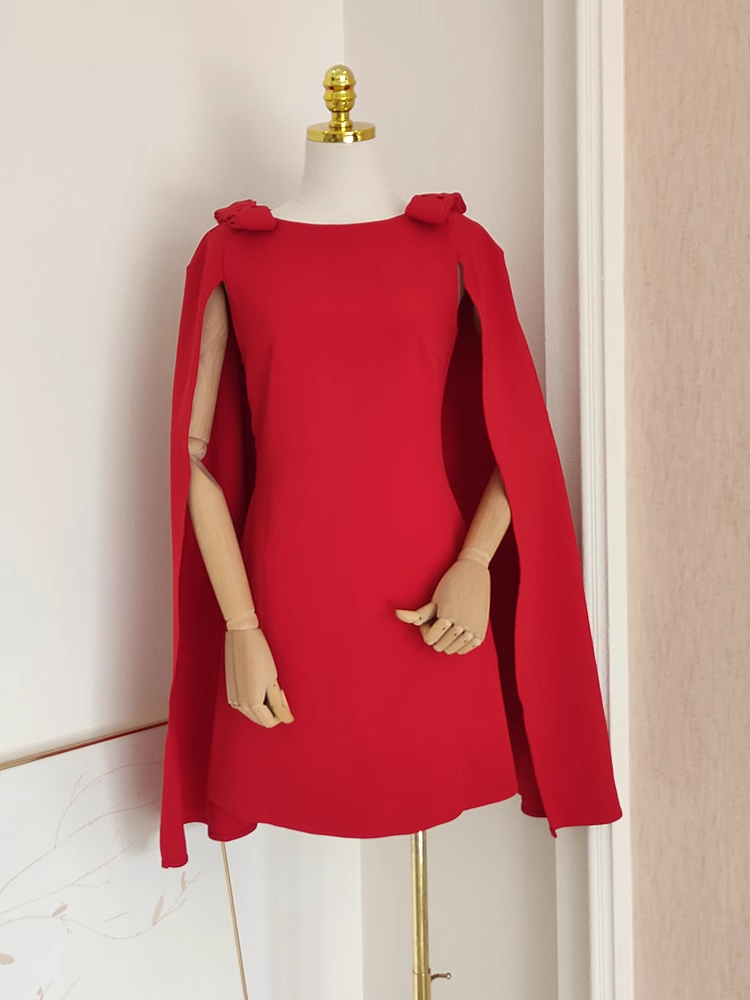 Cute A Line Boat Neckline Red Satin Short Homecoming Dresses Birthday Outfits With Cape - VelvetHem