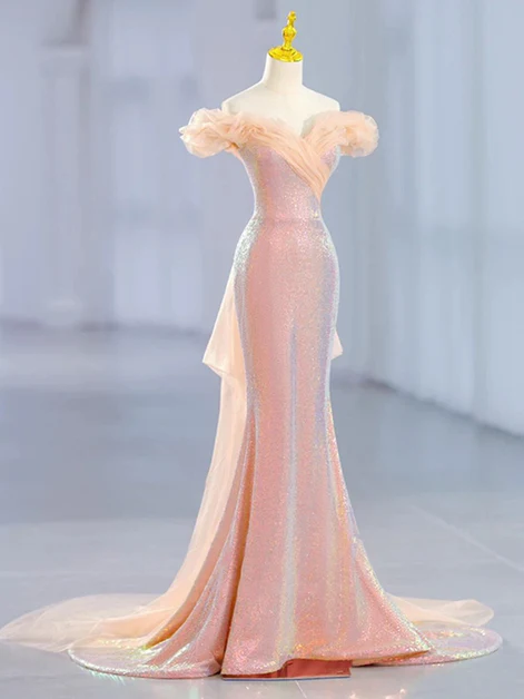 Classy Pink Sequins Off Shoulder Mermaid Party Dress Long Prom Evening Gown - VelvetHem