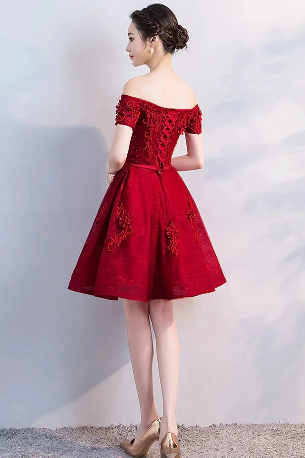 Burgundy tulle lace short homecoming dress (ZD12542)