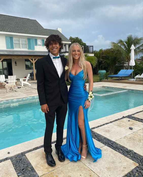 Elegant Blue V Neck Prom Dress With Split,Blue Formal Dress - VelvetHem