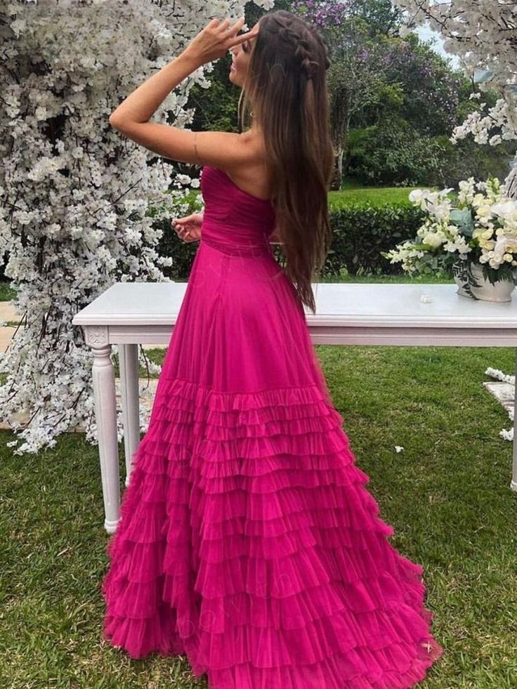 Pink Sweetheart Multilayer Prom Dress Strapless A-line Tulle Maxi Dress - VelvetHem
