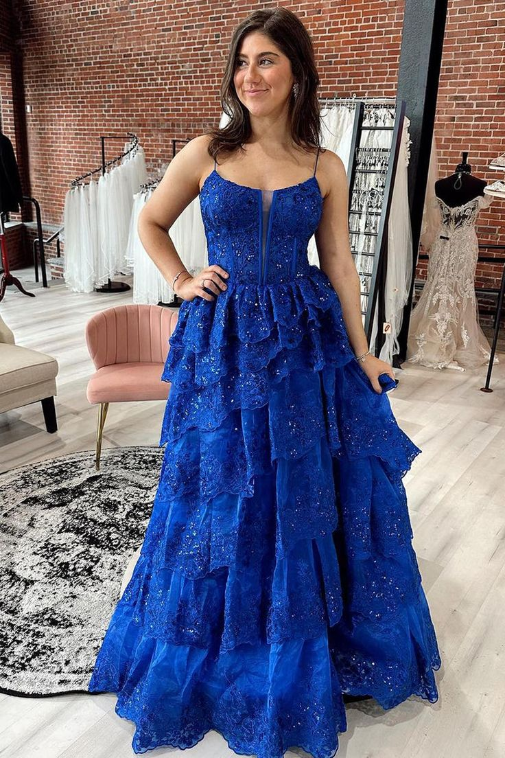 Royal Blue Straps Tiered A-Line Prom Dress with Sequins - VelvetHem