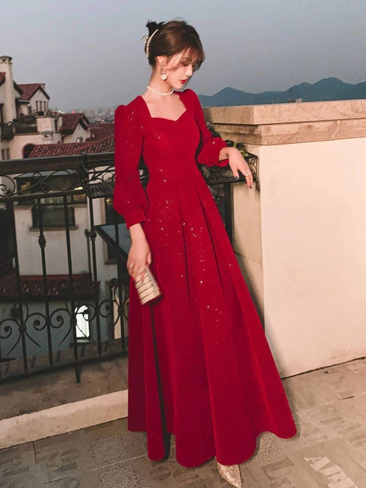 Red Glitter Modest Prom Dress Muslim Formal Evening Dress Fashion Dress Y4976 - VelvetHem