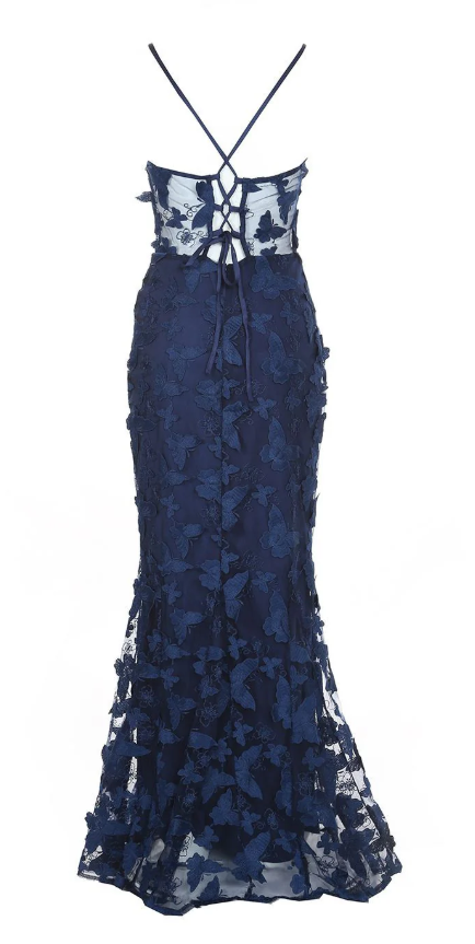 Vintage Mermaid Navy Blue lace Appliques Birthday Party Dress Prom Evening Dress