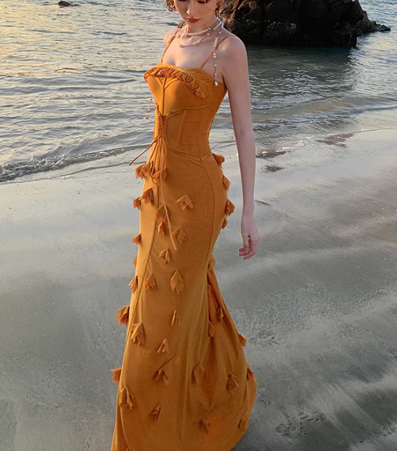 Unique Orange Mermaid Evening Gown Spaghetti Strap 3D Flower Long Prom Dress - View 2 | VelvetHem