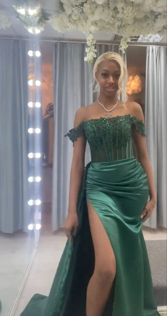 Elegant Green Off The Shoulder Evening Dress With Split - VelvetHem