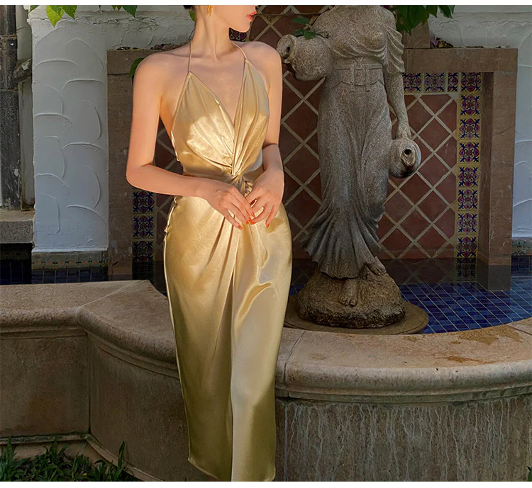 Sexy Halter V Neck Party Dress Champagne Gold Prom Evening Dress Y8211
