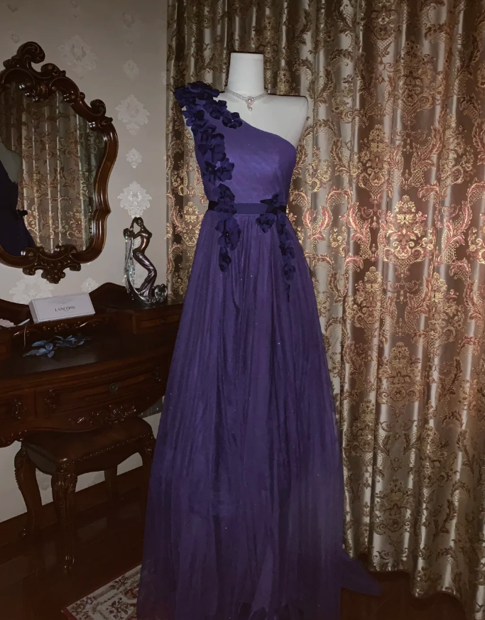 Elegant Purple One Shoulder Tulle Appliques A Line Wedding Guest Dress Long Party Dress - View 6 | VelvetHem