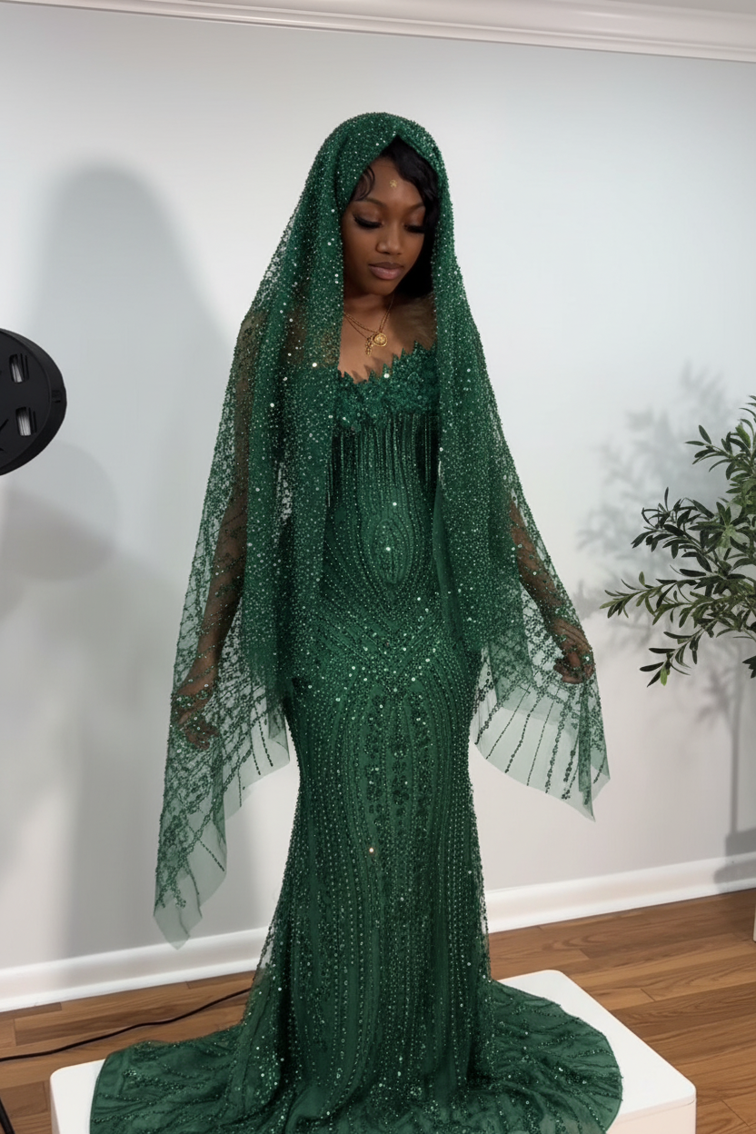 The Ruby Heiress - 2026 Hand-Beaded Crimson Mermaid Gown with Matching Crystal-Encrusted Hooded Veil (ZD17402)