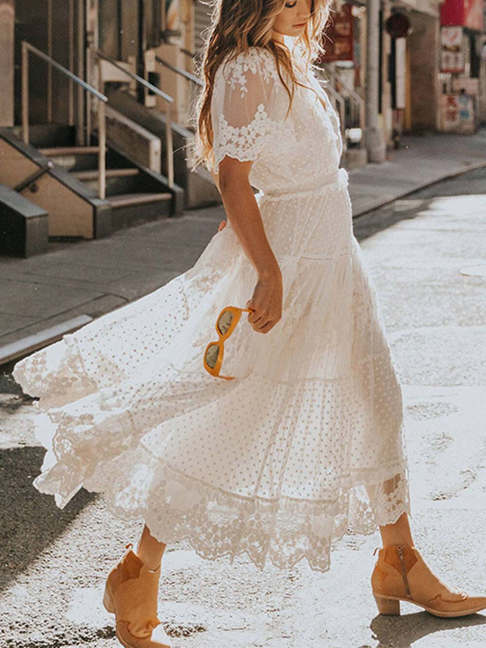 Soraya Statement Lacey Midi Dress with V Neck and Short Sleeves Occasion Edit
