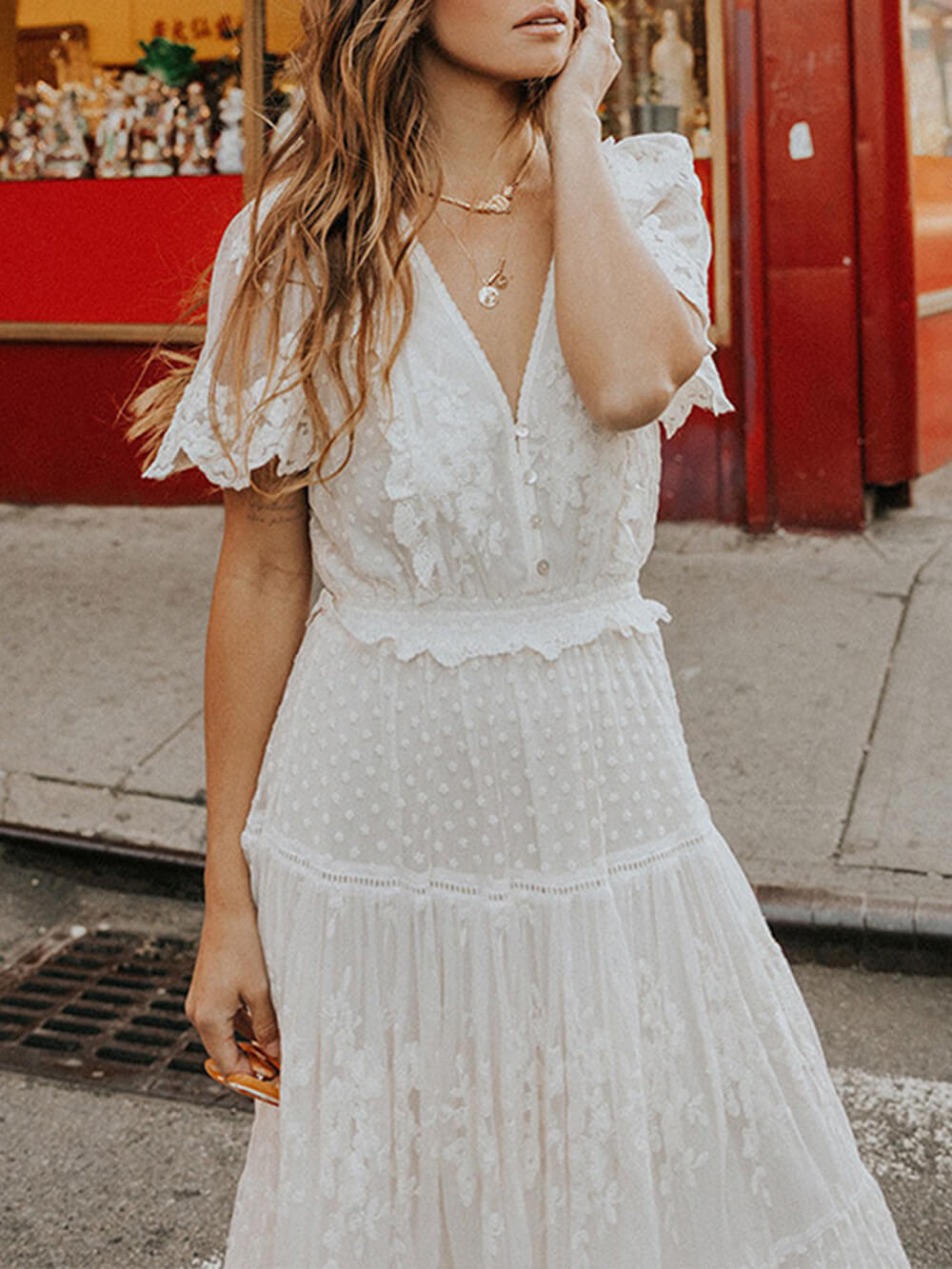 Soraya Statement Lacey Midi Dress with V Neck and Short Sleeves Occasion Edit