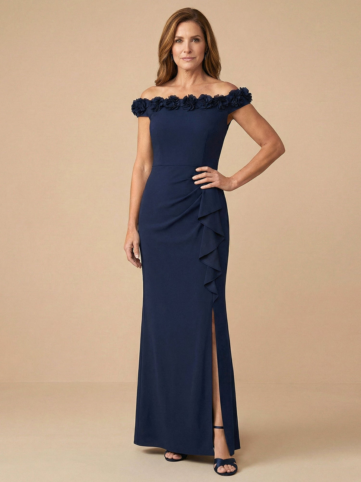 Off the Shoulder 3D Flower Mermaid Satin Mother of the Bride Dress with Ruffle - VelvetHem