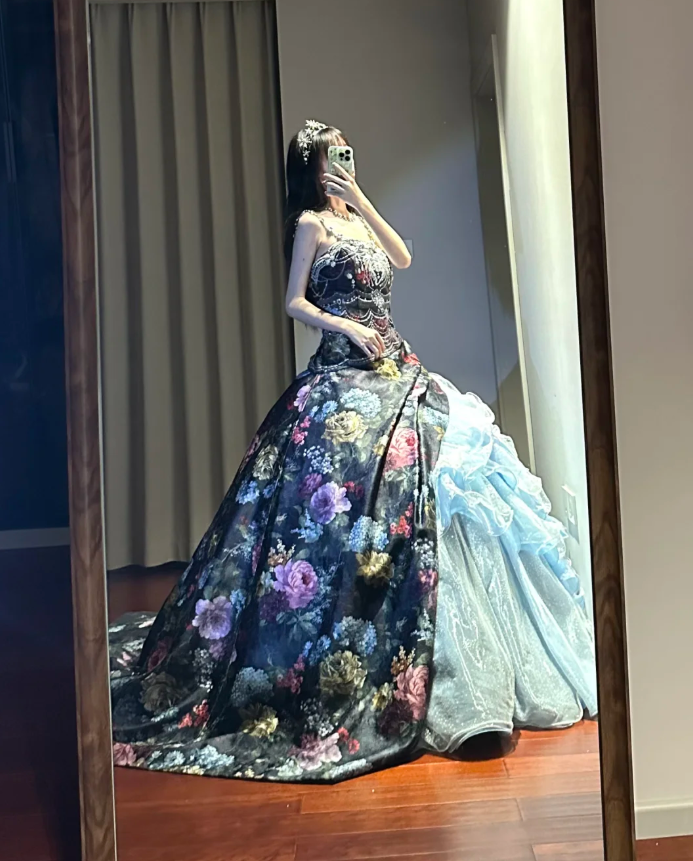 Unique Strapless Satin Print Floral Tulle Sequin Sweet 16 Dress Formal Quinceanera Dress - View 4 | VelvetHem