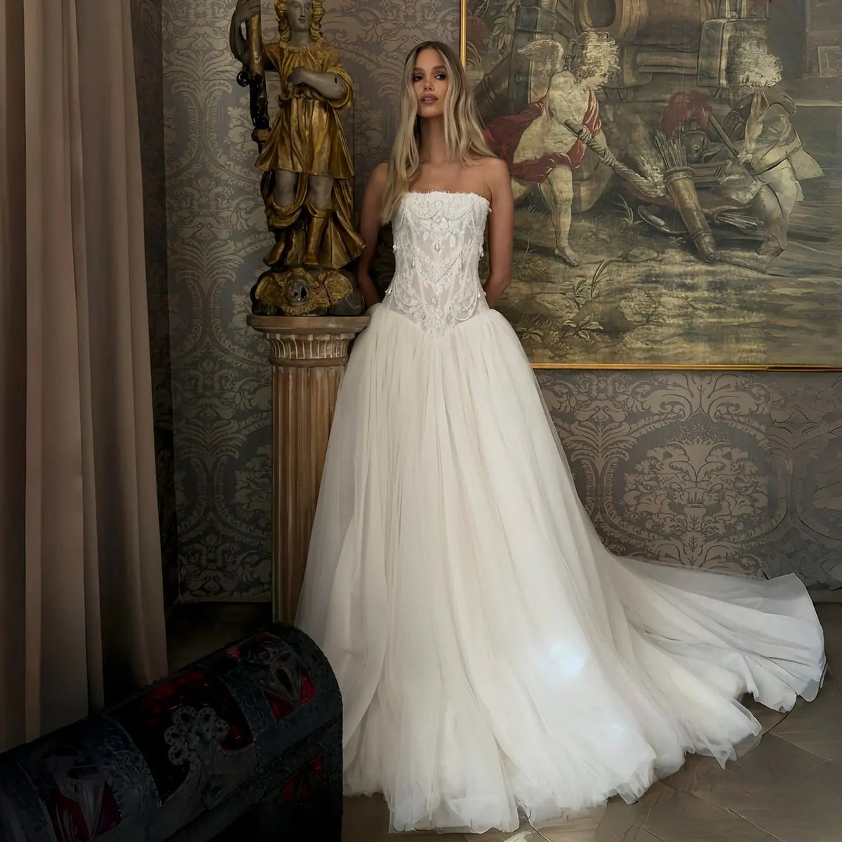 Dreamy White Strapless Lace Corset Bodice Tulle Ball Gown Wedding Dress ZP088 - VelvetHem