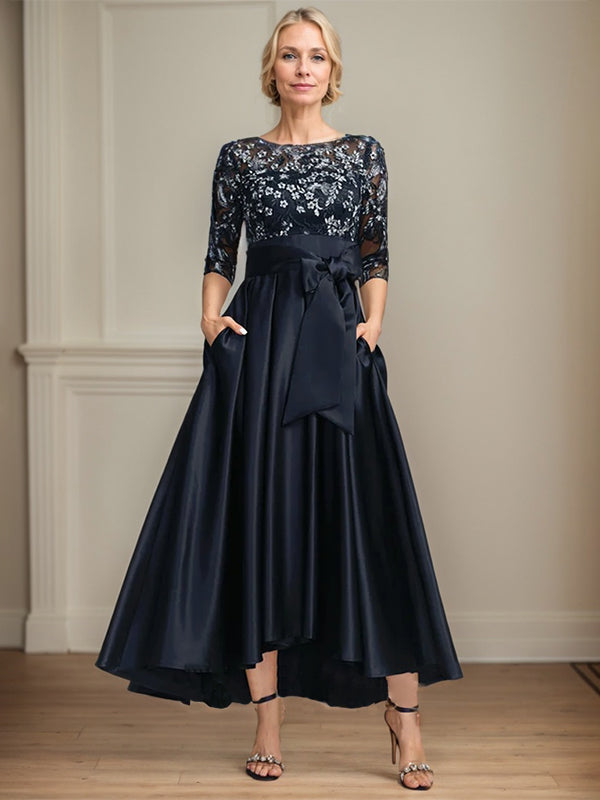 A-line Scoop Illusion Asymmetrical Satin Lace Mother of the Bride Dress With Bow - VelvetHem