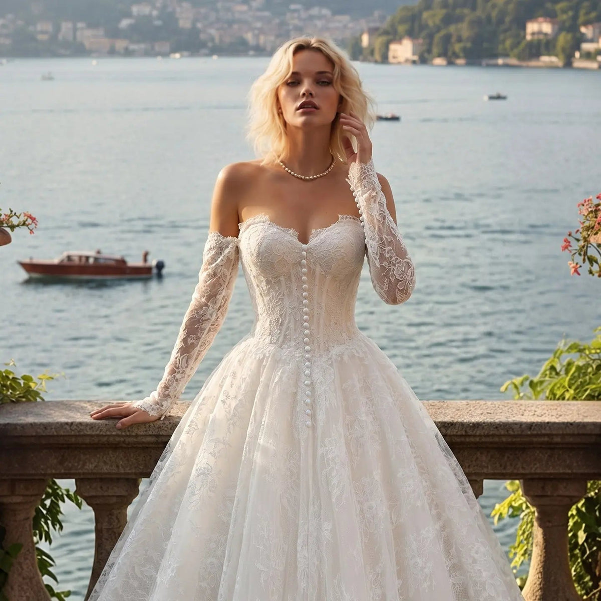 White Floral Lace Ball Gown Wedding Dress with Sweetheart Neckline and Detachable Long Sleeves ZP015