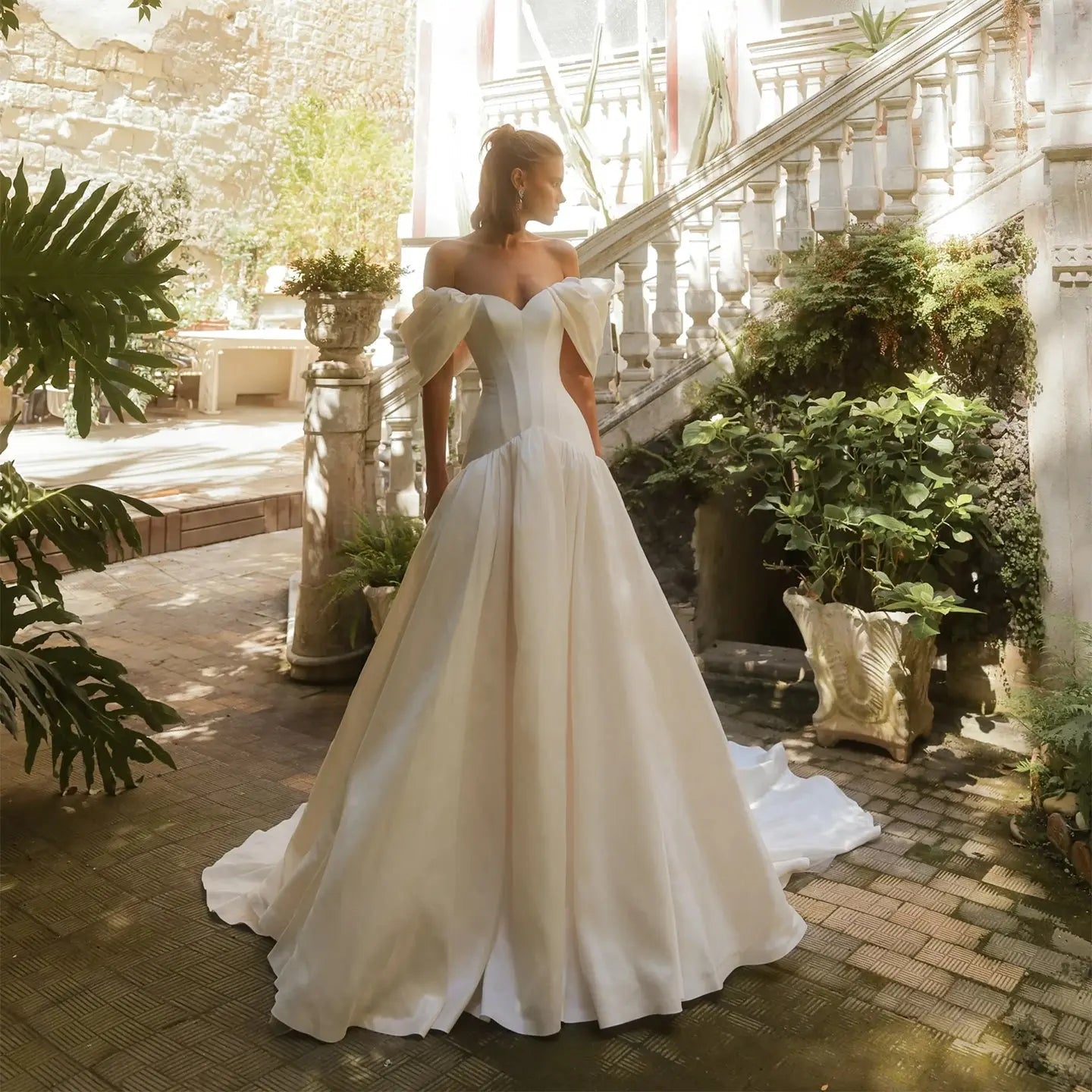 Romantic White Satin Off-the-Shoulder Puff Sleeve Ball Gown Wedding Dress ZP113