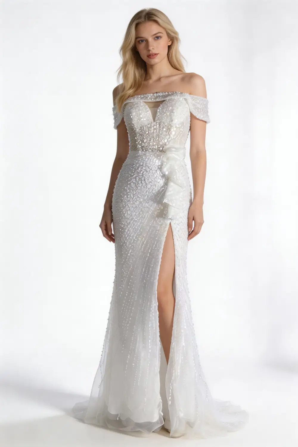 Off Shoulder Sequin Mermaid Evening Gown With High Slit And Ruffle (ZD17167) - VelvetHem