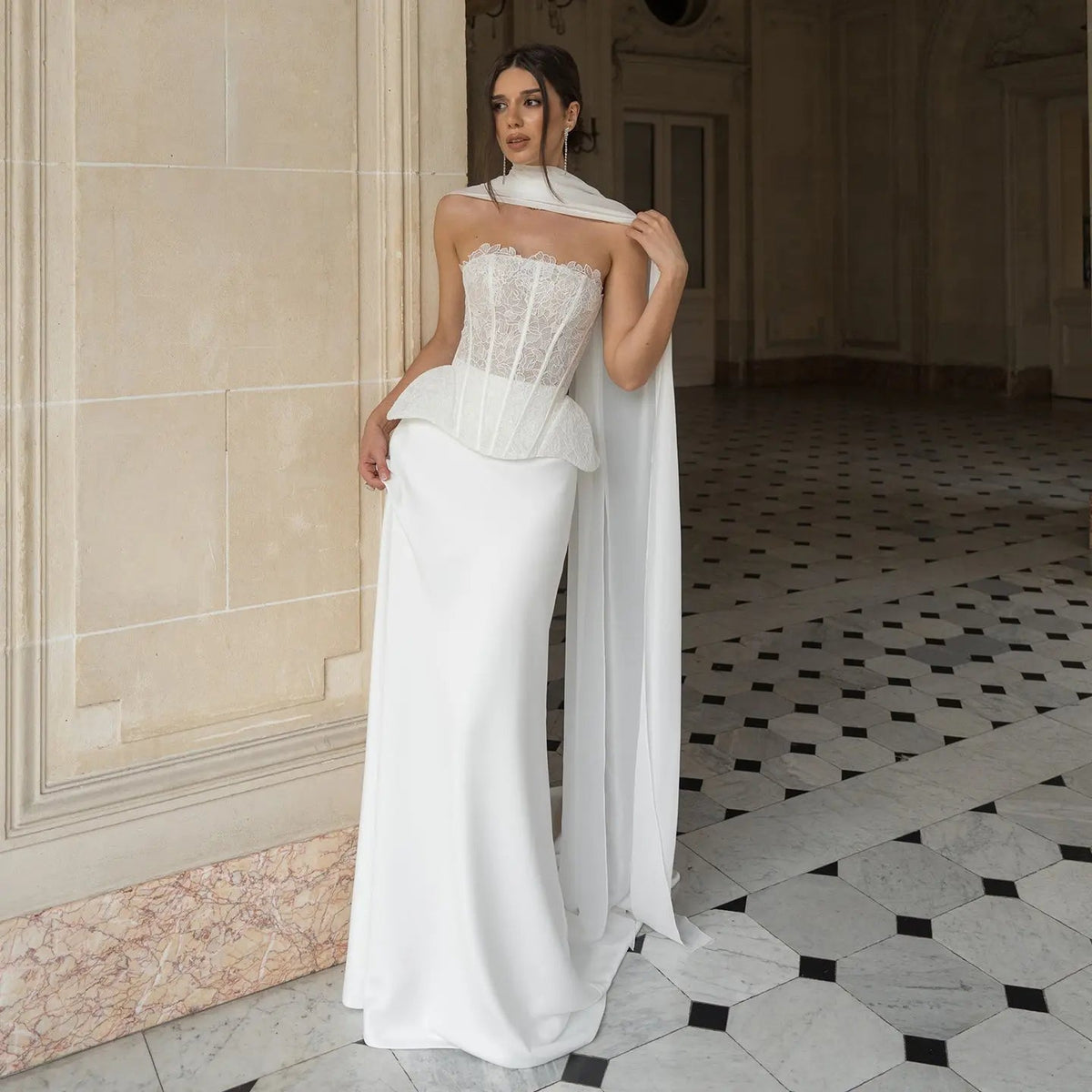 Strapless Lace Corset Wedding Dresses with Scarf ZP024 - VelvetHem