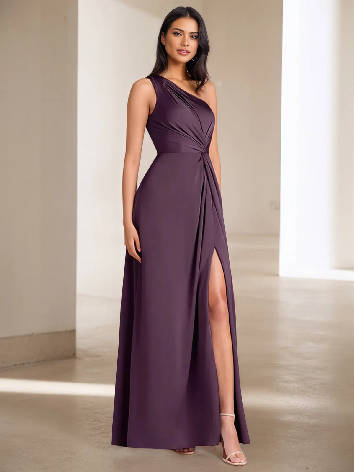 A Line One Shoulder Sleeveless Ruched Floor Length Dress - VelvetHem