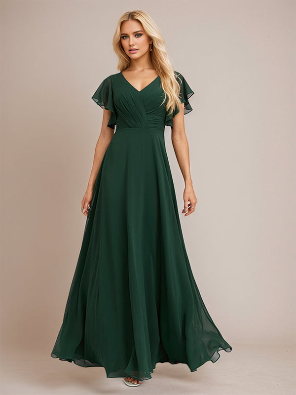 Dark Green A Line Chiffon V Neck Floor Length Bridesmaid Dress With Ruffle - VelvetHem