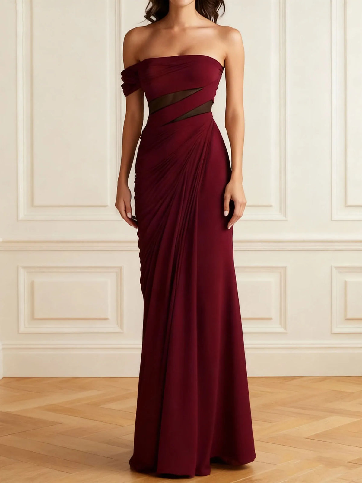 Formal Evening Dress Burgundy Off the Shoulder Ruched Maxi Dress - VelvetHem