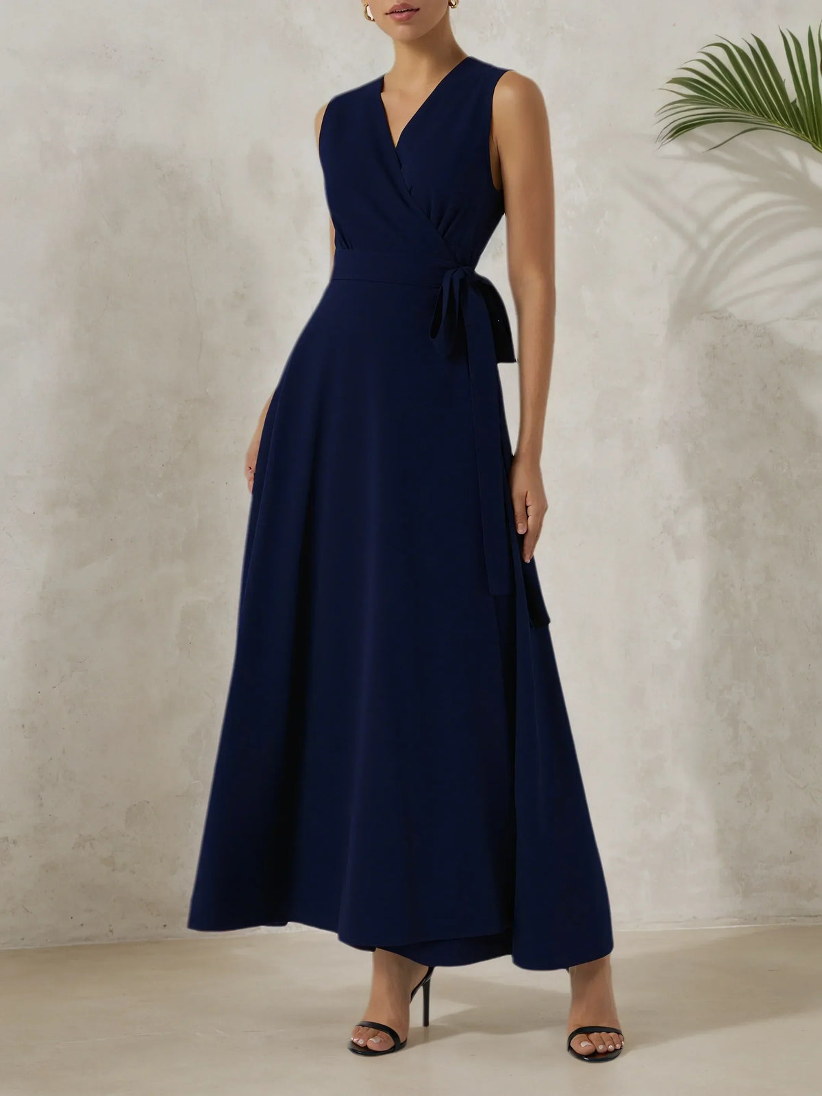 Purplish Blue Bow Lyocell Linen Wrap V Neck Sleeveless A-Line Maxi Dress - VelvetHem