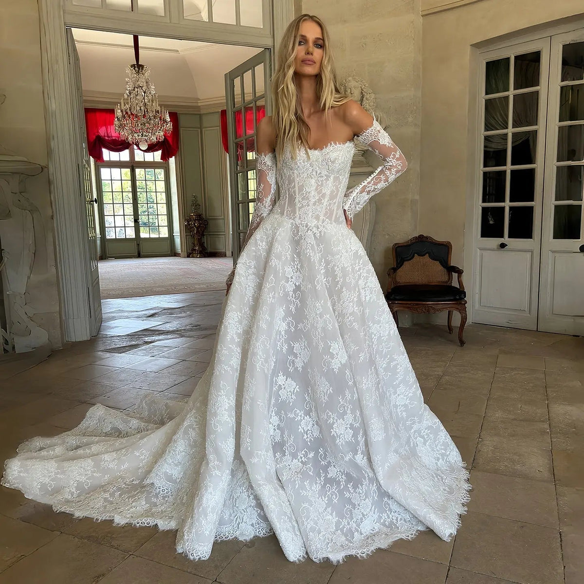 Regal White Off-the-Shoulder Long Sleeve Lace Ball Gown Wedding Dress ZP087 - VelvetHem