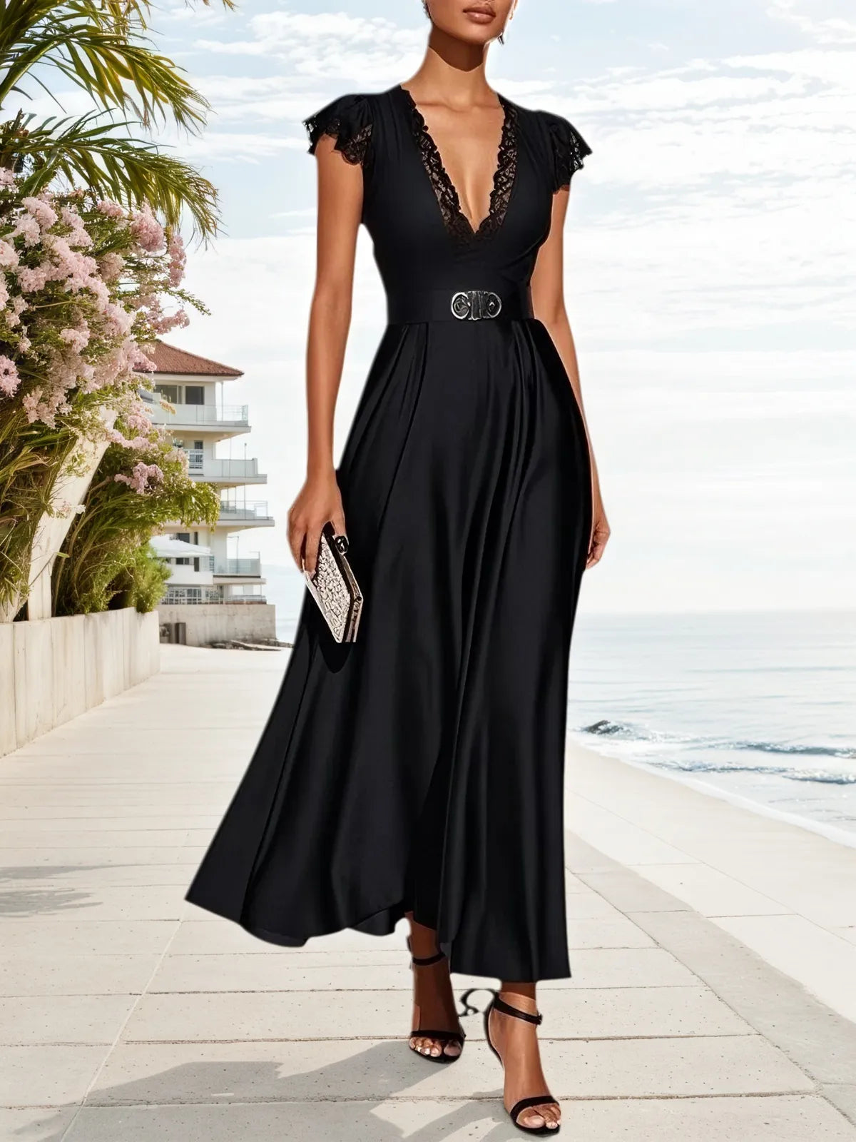 Black Lace Satin V Neck Short Sleeve A-Line Midi Dress - VelvetHem