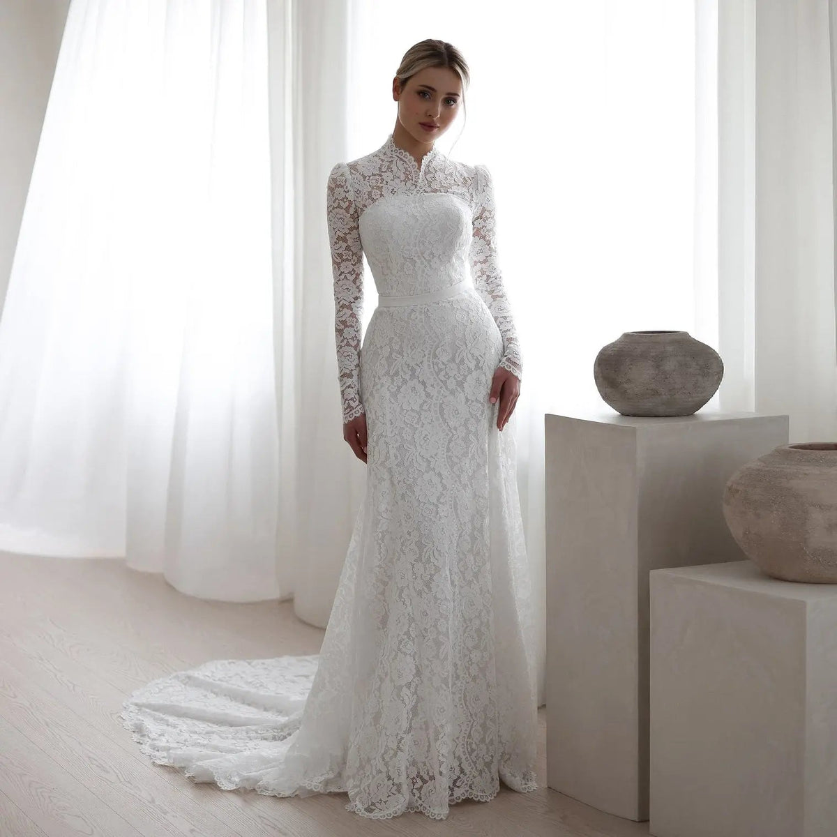 Elegant Floral Long Sleeve Mermaid Wedding Dress ZP176 - VelvetHem