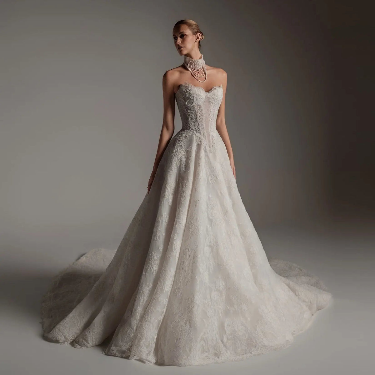 Luxury Ivory Strapless Lace Train Wedding Dress with Scarf ZP140 - VelvetHem