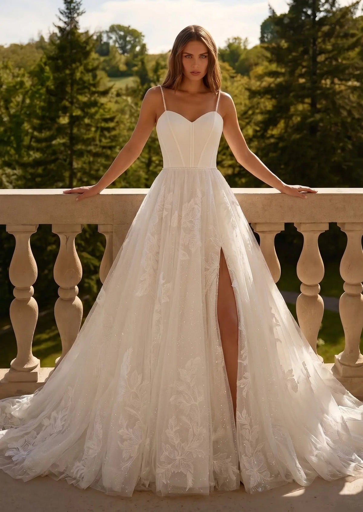 Elegant White Spaghetti Strap Satin Bodice Lace Tulle Wedding Dress with Train ZP065 - VelvetHem