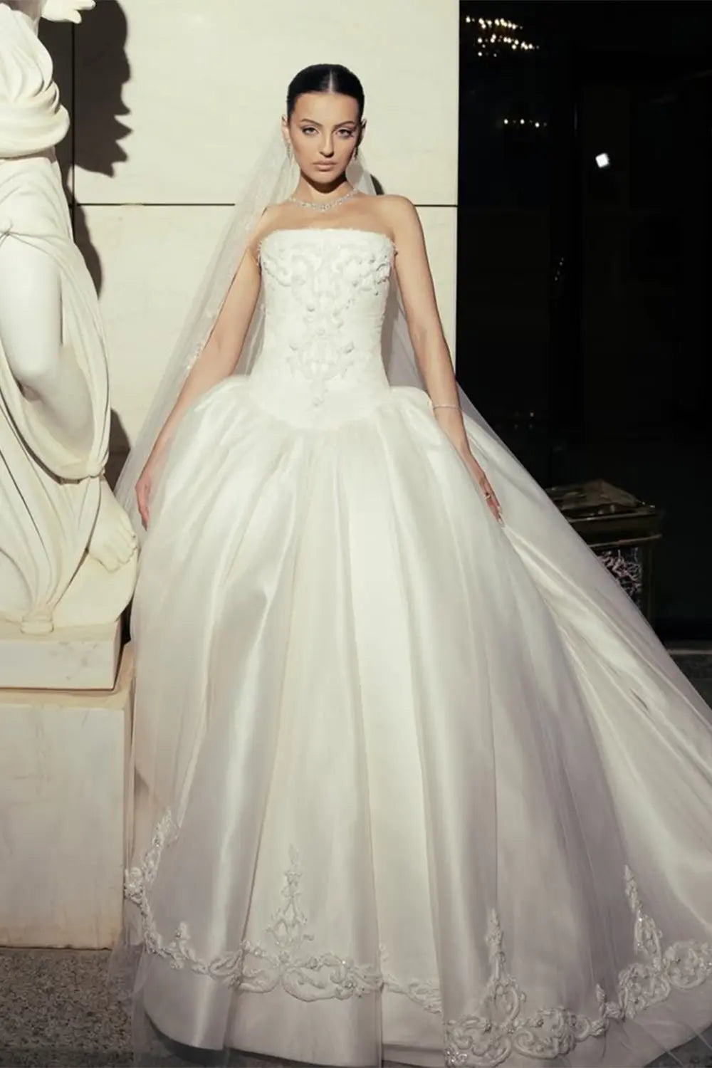 White Satin Tulle Ball Gown Bridal Dress with Embroidered Lace Bodice ZP207 - VelvetHem
