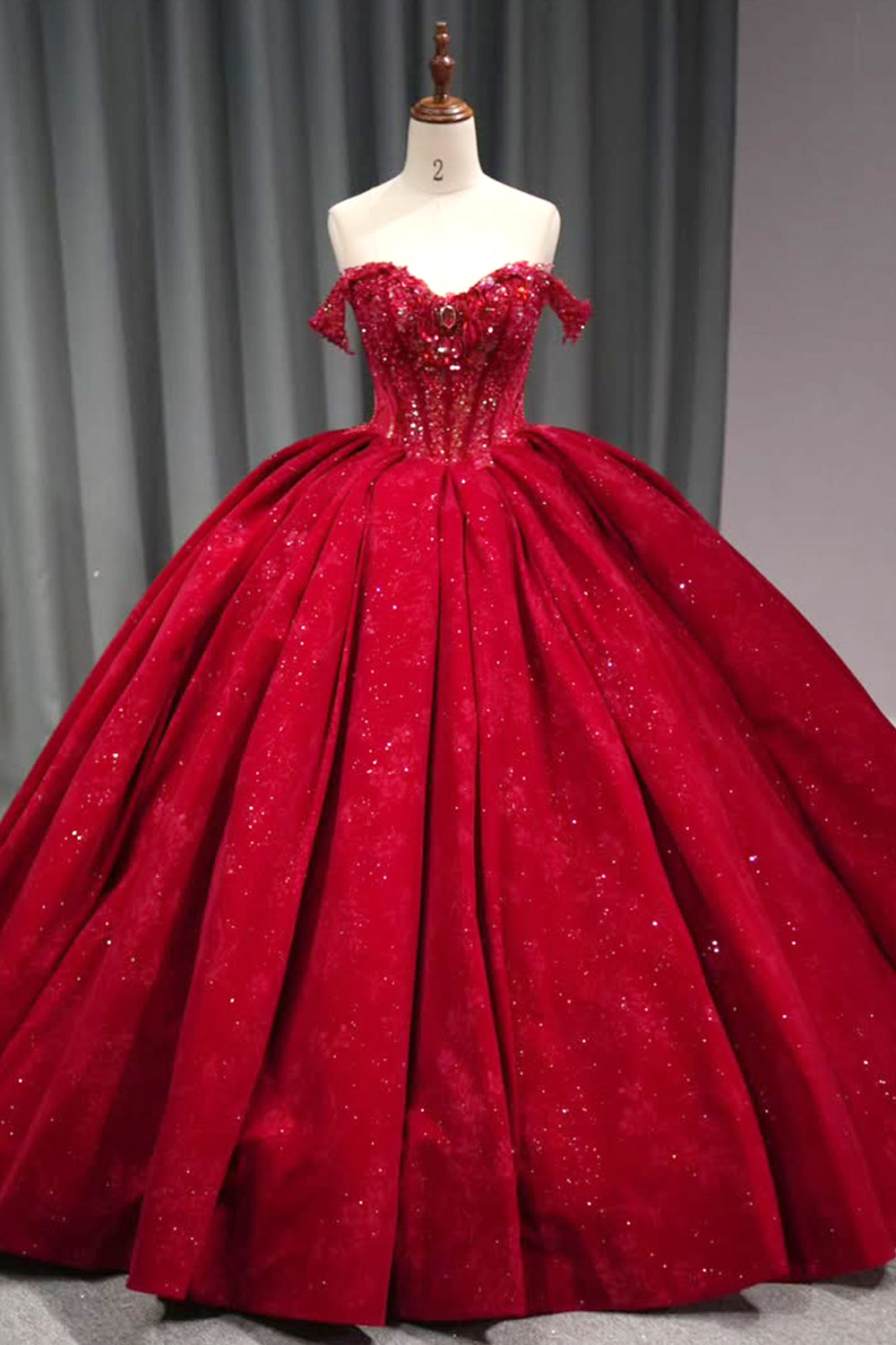 Gorgeous Ball Gown Off the Shoulder Red Quinceanera Dress with Appliques Beading - VelvetHem