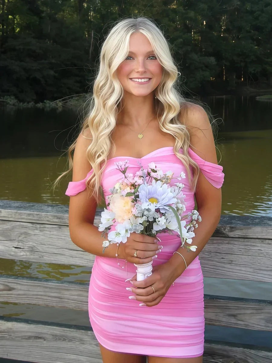 Stylish Sheath Off the Shoulder Pink Short Homecoming Dress with Ruched