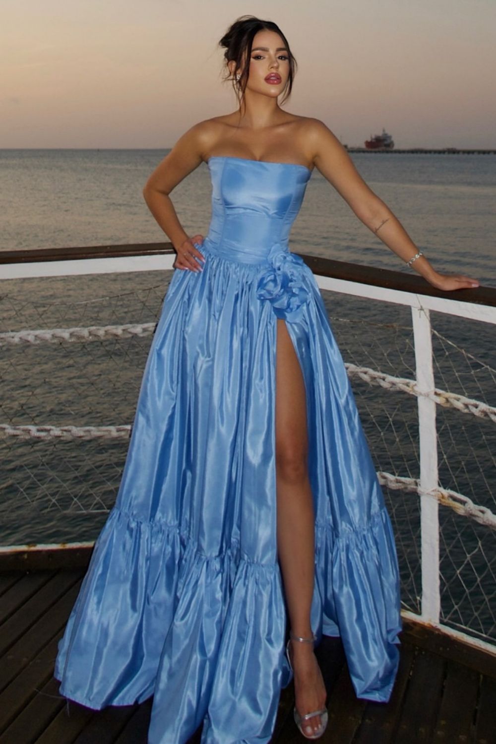 Charming A Line Strapless Blue Satin Long Prom Dress with Split Front - View 3 | VelvetHem