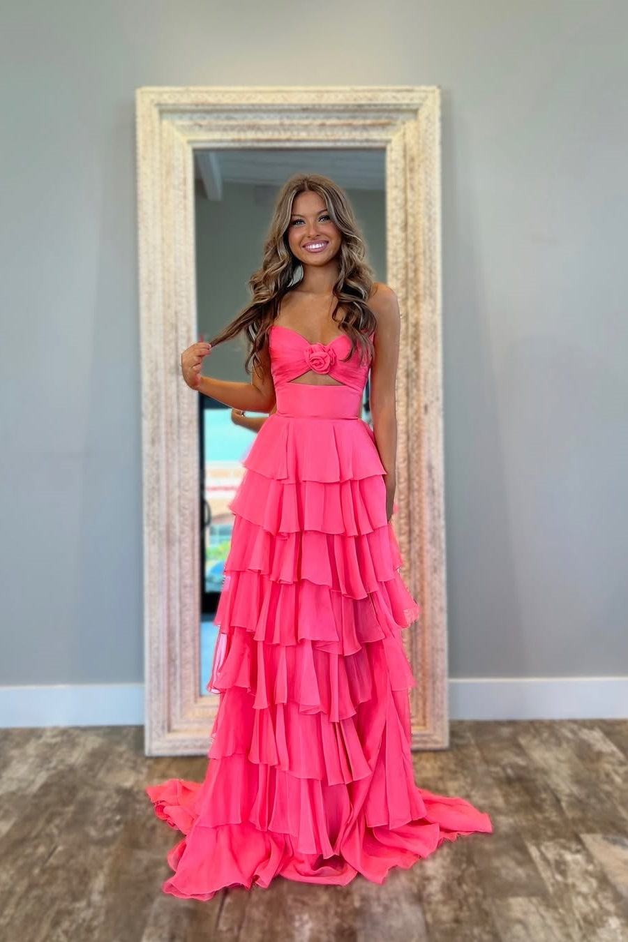 Sweety A-Line Sweetheart Pink Printed Long Tiered Prom Dress with Slit - View 8 | VelvetHem