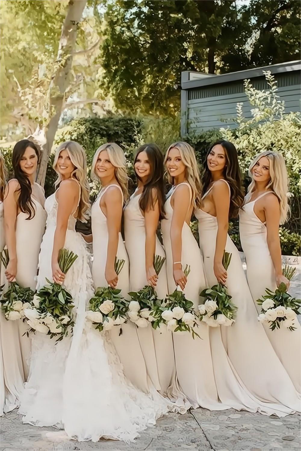 Simple Sheath Spaghetti Straps Light Champagne Long Bridesmaid Dress - VelvetHem
