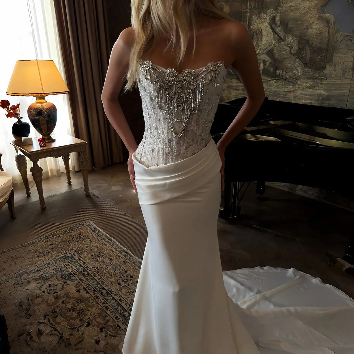 Luxury White Strapless Beaded Fringe Bodice Satin Mermaid Wedding Dress ZP091 - VelvetHem