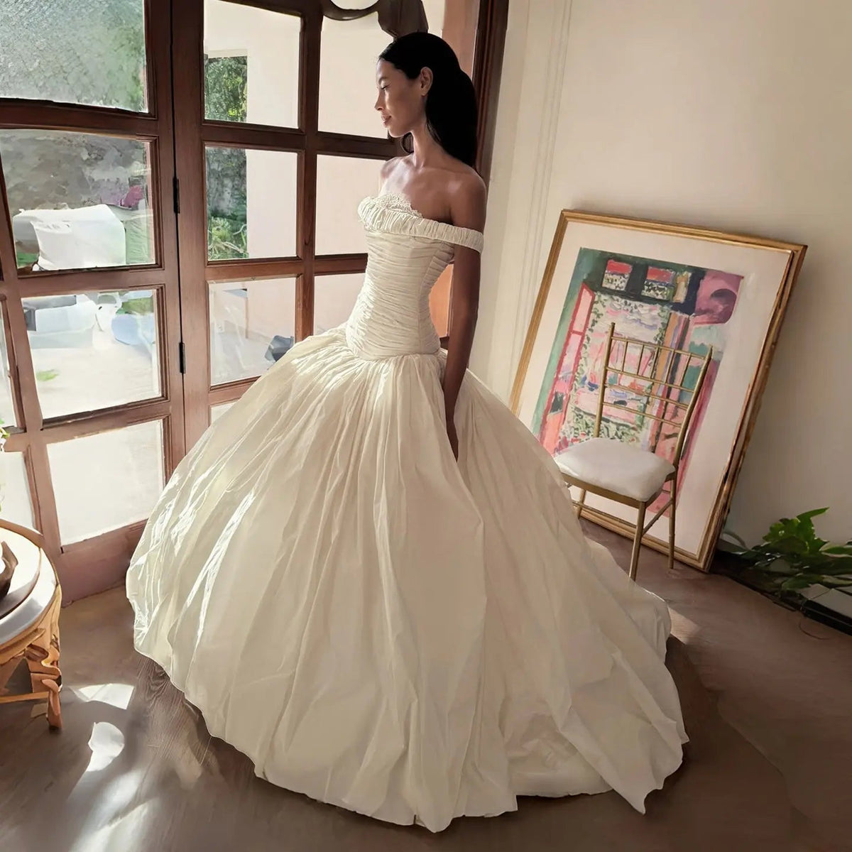 Elegant Ivory Strapless Ruched Satin Ball Gown Wedding Dress ZP070 - VelvetHem