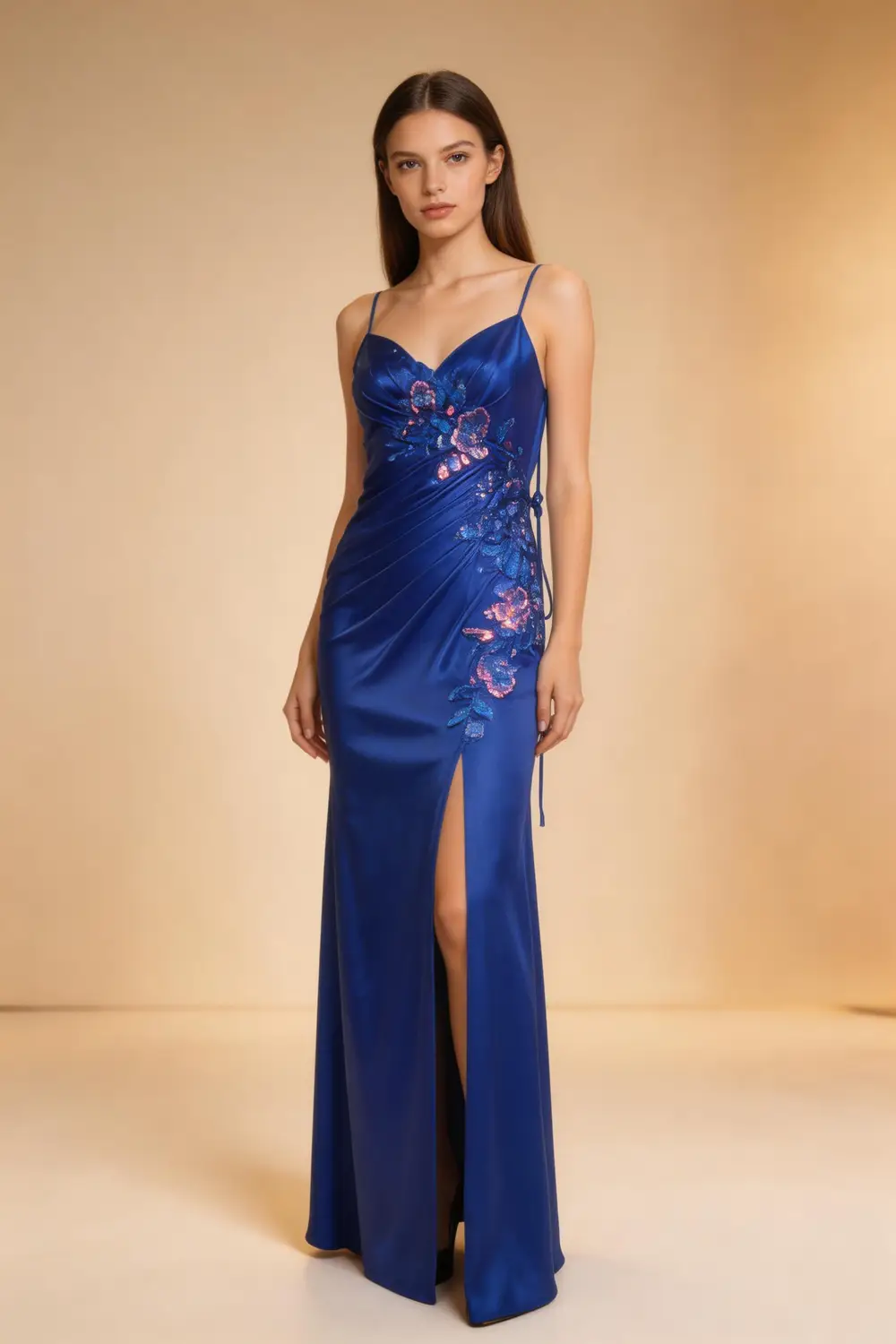 Royal Blue Satin Mermaid Prom Dress With Sequin Floral Embroidery (ZD17133) - VelvetHem